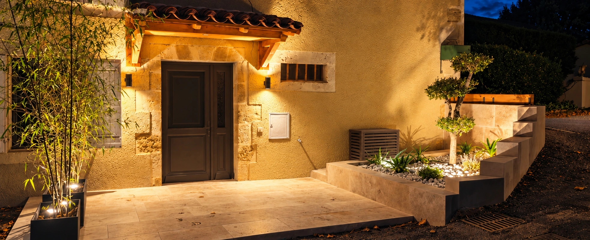 Entrée rénovée avec terrasse en pierre, éclairage extérieur et plantations