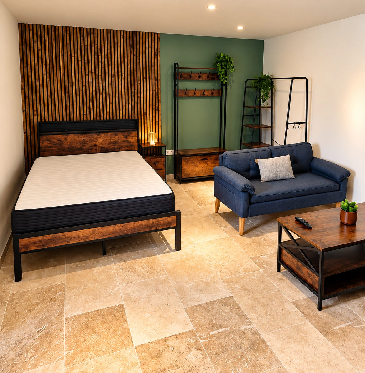 Salon rénové avec espace nuit, bois et pierre naturelle